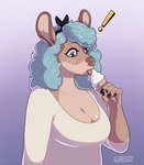 anthro black_nails blue_hair breasts cleavage clothed clothing colored_nails dessert exclamation_point female food hair ice_cream nails solo luxatile colette_(luxatile) deer mammal 2020 hi_res trans_(lore) trans_woman_(lore)