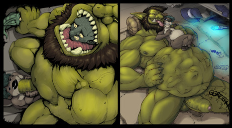 almost_fully_inside anthro balls beard belly big_belly big_penis bodily_fluids body_outline bottomwear brown_beard brown_body brown_facial_hair brown_fur brown_hair claws clothing dripping erection face_grab face_lick facial_hair feet feet_first forced foreskin fur genital_fluids genitals glorp green_balls green_body green_hair green_nipples green_penis green_skin group hair hand_on_belly hand_on_penis hat headgear headwear huge_belly humanoid_pointy_ears inside kneeling larger_pred licking lying magic_staff male male/male male_pred male_prey membrane_(anatomy) muffled muffled_scream multiple_prey musclegut muscular navel nipples nude nude_male nude_pred nude_prey on_back onomatopoeia oral oral_vore otter_tail penis pointy_ears precum precum_drip precum_on_ground precum_string saliva sharp_teeth shorts size_difference sound_effects teasing teeth text toes tongue unwilling_prey vein veiny_penis vore webbed_feet wizard_hat yellow_eyes pandottermon goblin_champion_(pandottermon) toma_(pandottermon) goblin mammal mustelid otter 2025 colored hi_res