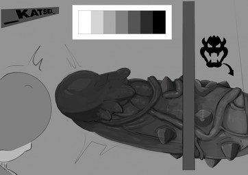 anthro big_penis duo foreskin genitals glans glory_hole huge_penis male male/male penis presenting presenting_penis spiked_glans spiked_penis spikes spikes_(anatomy) thick_penis vein veiny_penis katsel mario_bros nintendo bowser yoshi_(character) dinosaur koopa prehistoric_species reptile scalie yoshi hi_res monochrome