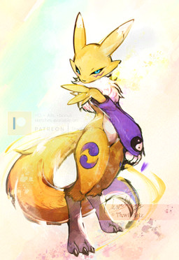 anthro armwear armwear_only black_claws black_sclera blue_eyes bridal_gauntlets bridal_gauntlets_only claws clothing countershading digitigrade fingers fur mostly_nude purple_armwear purple_bridal_gauntlets purple_clothing white_body white_countershading white_fur yellow_body yellow_fur thwillartz bandai_namco digimon canid canine digimon_(species) mammal renamon 2024 full-length_portrait hi_res portrait watermark