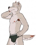 anthro armpit_hair black_clothing black_nose black_underwear body_hair briefs clothed clothing eyes_closed male pubes simple_background solo tail topless underwear underwear_only genchi canid canine canis mammal wolf