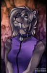 anthro blonde_hair breasts clothed clothing collar ear_piercing ear_ring fangs female fur hair looking_at_viewer piercing purple_eyes ring_piercing sabertooth_(anatomy) smile solo teeth darzycat falla_(f-r95) felid mammal prehistoric_species saber-toothed_tiger 2015 digital_media_(artwork) half-length_portrait portrait