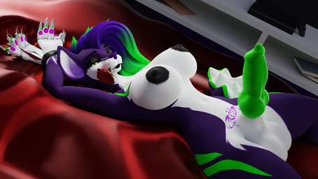 animal_genitalia animal_penis anthro balls bedroom_eyes big_balls big_breasts big_nipples bound breasts canine_genitalia canine_penis claws clothing fangs flower fur genitals hair herm intersex knot lingerie long_hair lying narrowed_eyes nipples on_back penis plant purple_body purple_fur rose_(flower) seductive solo stripes suggestive_look teeth white_body white_fur womb_tattoo thinecrawler alberarts_(modeler) ardon gargoyle hyenid_(species) 16:9 3d_(artwork) 4k absurd_res digital_media_(artwork) hi_res widescreen