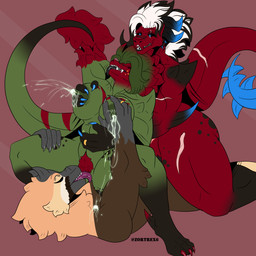 abs anthro areola big_breasts black_hair black_sclera blotchy_areola blue_eyes bodily_fluids breast_grab breast_play breasts brown_body butt claws cunnilingus eyes_closed facial_tuft fangs female female/female gold_(metal) gold_jewelry green_body green_hair group hair hand_on_breast horn jewelry lactating long_tail male male/female markings muscular muscular_anthro muscular_female nipple_fetish nipple_play oral penetration projectile_lactation pubes red_body red_hair ring_(jewelry) sex sharp_teeth size_difference spikes spikes_(anatomy) spots spotted_butt spotted_legs spotted_thighs spread_legs spreading tail tan_body teeth thick_thighs tongue tongue_out trio tuft unusual_bodily_fluids unusual_lactation vaginal vaginal_penetration white_hair zortrex mythology mchloe_(zortrex) yelena_(zortrex) dinosaur dragon dromaeosaurid myceelidos_(zortrex) mythological_creature mythological_scalie prehistoric_species reptile saurischian scalie theropod utahraptor 1:1 absurd_res hi_res sibling_(lore) sister_(lore) sisters_(lore)