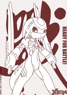 :< anthro brown_text collar dialogue facial_markings forehead_markings frown head_markings holding_blade holding_melee_weapon holding_object holding_sword holding_weapon kemono machine male markings melee_weapon mouth_closed serious solo sword tail text weapon cyyeun xen_(series) switch_(xen) robot robot_anthro 2007 brown_and_white comic dated english_text monochrome portrait three-quarter_portrait