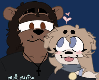 anthro blue_eyes blush blush_lines brown_body brown_eyes brown_fur brown_hair circle_eyebrows collar collar_tag cross cross_necklace eyebrow_piercing eyebrows facial_piercing female floppy_ears fur hair half-closed_eyes heart_symbol jewelry male narrowed_eyes necklace piercing tongue tongue_out mutt_marisa jazper_(mutt_marisa) olive_(mutt_marisa) bear canid canine mammal alpha_channel hi_res trans_(lore)