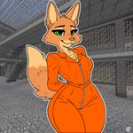 anthro clothing female fur jumpsuit orange_body orange_fur prison prison_uniform screencap screencap_background solo silly.dog dreamworks microsoft minecraft mojang the_bad_guys xbox_game_studios diane_foxington canid canine fox mammal hi_res