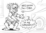 angry anthro barefoot bottomwear building car clothing cloud dialogue feet food male outside sandwich_(food) shirt shorts sidewalk simple_background solo text topwear vehicle white_background tinydeerguy asdfmovie darwin_(tinydeerguy) deer mammal black_and_white english_text hi_res monochrome