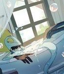 5_fingers ambiguous_gender anthro bathtub black_hands blue_body blue_tail bubble eyes_closed fingers foam in_bathtub long_tail sleeping solo sound_effects tail vowelless vowelless_sound_effect window zzz suikaels nintendo pokemon generation_8_pokemon inteleon pokemon_(species) scalie hi_res