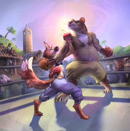 anthro boxing boxing_gloves clothing dodging duo female fight fighting_ring fighting_spirit group handwear male punch sport sun uppercut neppae_(artist) labra_(madwolly) avian bear bird bovid canid canine caprine felid feline goat hyena lagomorph leporid mammal maned_wolf rabbit absurd_res hi_res