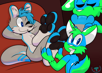 3_toes anthro big_feet big_pawpads blue_body blue_eyes blue_fur duo eyes_closed feet foot_fetish foot_focus foot_in_mouth foot_lick foot_on_face foot_play foot_suck fur green_body green_fur hindpaw licking male male/male musical_note musical_symbol one_eye_closed pawpads paws smile spots sucking symbol toe_in_mouth toe_suck toes tongue tongue_out mintytempest pogchamp jayjay_idingo canid canine canis dingo kangaroo macropod mammal marsupial hi_res meme