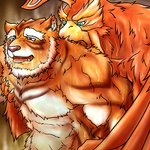 anthro barazoku bodily_fluids duo kemono male muscular muscular_male sweat tongue tongue_out samoji sega shining_(sega) shining_tears shining_wind enu_(shining) raihi_(shining) avian felid mammal pantherine tiger 1:1 2006 digital_media_(artwork) low_res