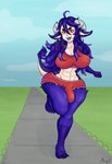 anthro athletic_wear barefoot big_bulge blue_tongue bodily_fluids breasts bulge feet fur fur_tuft gynomorph hair horn intersex monster_girl_(genre) muscular muscular_anthro muscular_gynomorph muscular_intersex muscular_thighs nipples park purple_body purple_hair purple_tail red_eyes running smile solo sweat tail teeth tongue tuft maxyg lillith bovid caprine mammal hi_res