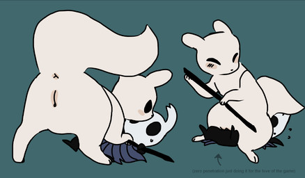 ambiguous_gender anus black_body blue_clothing blush blush_lines clothing dominant dominant_female duo female female/ambiguous female_on_top feral genitals holding_down holding_melee_weapon holding_object holding_polearm holding_spear holding_weapon melee_weapon null on_top pinned pinned_to_ground polearm questionable_consent sitting sitting_on_another spear tail vulva weapon white_body white_head white_tail artienvy hollow_knight_(franchise) rain_world team_cherry videocult survivor_(rain_world) the_knight_(hollow_knight) slugcat vessel_(species) hi_res nonbinary_(lore)