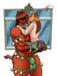 anthro balls_outline bell bell_harness biceps biped brown_hair bulge clothed clothing collar colored_nails crossdressing detailed_bulge duo femboy fur genital_outline gloves hair hair_over_eyes hand_on_butt handwear harness holidays hooves jingle_bell jingle_bell_armband jingle_bell_harness jingle_bell_legband jingle_bell_wristband kissing larger_male licking_tongue lifting lifting_partner long_hair male male/male male_anthro mistletoe mistletoe_on_tail muscular muscular_anthro muscular_male nails plant red_body red_fur simple_background size_difference smaller_male snow sweater text tongue tongue_out topwear yellow_body yellow_fur freckles_(artist) christmas cayenne_(freckles) cloves_(freckles) equid equine mammal 2018 3:4 brother_(lore) brothers_(lore) incest_(lore) sibling_(lore)