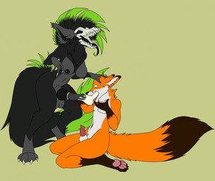 animal_genitalia animal_penis anthro areola biped black_body bodily_fluids bone bulge canine_genitalia canine_penis claws condom condom_gagging cum duo erection filled_condom fur genital_fluids genitals green_eyes green_hair grey_body grey_fur gynomorph gynomorph/male hair hand_on_head hand_on_neck intersex intersex/male knot knotted_penis male male_penetrated neck_bulge nipple_piercing nipples oral oral_penetration orange_body orange_fur pawpads paws penetration penis piercing sex sexual_barrier_device shocked skull skull_head submissive submissive_male surprised tail tongue tongue_out orcrest nadilya_(heliocintrini) canid canine canis domestic_dog fox mammal monster red_fox skulldog_(species) true_fox hi_res