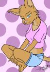 anthro barefoot blue_eyes bottomwear breasts clothed clothing crossed_legs feet female fur grin head_tilt jeans_shorts looking_at_viewer multicolored_body pink_clothing pink_topwear shorts simple_background sitting smile solo tan_body tan_fur topwear two_tone_body shadonk liz_(thiccfurlizzy) felid feline lynx mammal 2018 digital_media_(artwork) hi_res