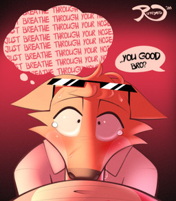 anthro bodily_fluids dripping duo fellatio first_person_view male male/male oral panicking penile red_cheeks saliva saliva_drip sex text conditional_dnp ruteyed canid canine fox mammal scalie 2026 english_text hi_res