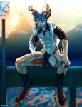 2019 abs anthro antlers athletic athletic_anthro athletic_male azelyn balls biceps blue_hair chest_fur deer ear_piercing erection fangs fur genitals grin hair hi_res hooves horn humanoid_genitalia humanoid_penis male mammal mountain nude outside pecs penis piercing pinup pose pubes quads seductive sitting smile solo spreading sunrise teeth towel triceps vein veiny_penis water wet white_and_grey_deer_(xefra)