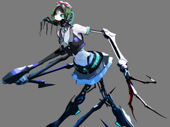 3_fingers arm_tattoo blade_arm blue_eyes bottomwear claws clothing cosplay crop_top electronics eyewear eyewear_on_head female fingers glowing glowing_eyes goggles goggles_on_head green_hair grey_background hair headphones long_fingers looking_at_viewer machine mechanical_arm mechanical_leg midriff navel not_furry_focus pleated_skirt shirt short_hair simple_background skirt solo tattoo topwear deino_(artist) deino_(modeler) vocaloid calne_ca megpoid_gumi nato-kun arthropod crustacean humanoid isopod malacostracan robot robot_humanoid 2012 3d_(artwork) 4:3 autodesk_3ds_max_(artwork) cool_colors digital_media_(artwork)