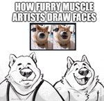 anthro big_nose chubby_cheeks clothing dot_eyes duo fangs humor male open_mouth open_smile smile snaggle_tooth teeth text topwear said_the_saisio canid canine canis domestic_dog mammal shiba_inu spitz 2021 english_text hi_res impact_(font) meme model_sheet redraw