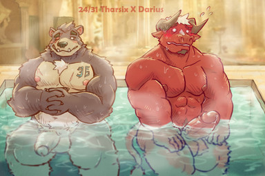 2_horns abs anthro duo erection flaccid genitals glans horn humanoid_genitalia humanoid_hands humanoid_penis male muscular muscular_anthro muscular_male nipples nude nude_anthro nude_male penis galrock kemo_coliseum darius_(kemo_coliseum) tharsix_(kemo_coliseum) bear bovid bovine cattle mammal 3:2 hi_res