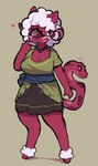 1_eye breasts clothing female green_clothing hair horn living_tail looking_up red_body simple_background smile snake_tail solo standing tail unusual_anatomy unusual_tail whiskers white_hair eerieviolet chimera reptile scalie snake 2023 digital_media_(artwork) hi_res