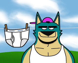 anthro backwards_baseball_cap backwards_hat baseball_cap blue_sky briefs clothes_line clothes_pin clothing eyebrows green_grass hat headgear headwear male monotone_briefs monotone_clothing monotone_underwear outside purple_baseball_cap shirt sky smile solo tank_top thick_eyebrows tighty_whities topwear underwear underwear_off white_briefs white_clothing white_clouds white_shirt white_tank_top white_topwear white_underwear eddicus eduardo_(eddicus) canid canine mammal hi_res