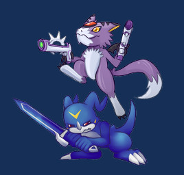 claws crouching duo fur gun horn jumping melee_weapon ranged_weapon smile sword tail weapon poyo-journal bandai_namco digimon digimon_(species) dorumon veemon x-digimon alpha_channel