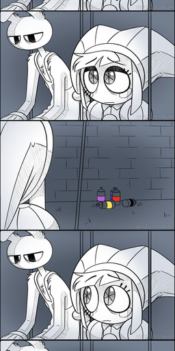 anthro blank_stare cloud eclipse female looking_at_another male outside paint playground sitting solar_eclipse spray_paint standing street_lamp sun swingset wall_(structure) worried absolutedream glitch_productions the_amazing_digital_circus jax_(tadc) pomni_(tadc) human lagomorph leporid mammal rabbit absurd_res comic hi_res long_image tall_image