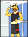 anthro bottomwear clothed clothing clothing_lift facial_hair flexing flexing_bicep male midriff mustache navel shirt shirt_lift shorts solo stubble tank_top topwear fuze fuzeyeen hyena mammal spotted_hyena 3:4 hi_res