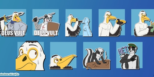 anthro clothed clothed_anthro clothed_male clothing holding_object holding_weapon male paladin partially_clothed slavik_(character) telegram_sticker weapon wings codyf0xx pelican_(character) avian bird mammal mephitid pelecaniform pelican skunk