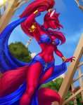 5_fingers anthro blue_eyes breasts day detailed_background eyebrows eyelashes female fingers fur hair midriff navel outside red_body red_fur red_hair sky smile solo elvofirida ratti_(rattios) canid canine fox mammal 2020 digital_media_(artwork) hi_res