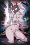 anthro big_breasts blue_eyes breasts detailed_background female front_view fur genitals glowing glowing_eyes hair looking_at_viewer markings mask nipples nude pussy water white_body white_fur white_hair weelzelu league_of_legends riot_games tencent kindred_(lol) lamb_(lol) bovid caprine mammal sheep 2023 absurd_res hi_res