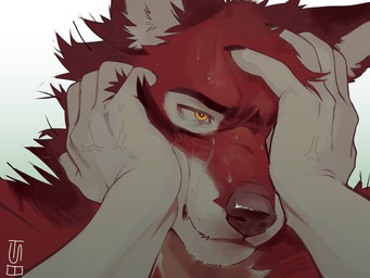 anthro bodily_fluids fur hand_on_face hand_on_head male mouth_closed orange_eyes red_body red_fur serious_face simple_background solo sweat white_background thesmilingbox echo_(game) echo_(series) echo_project leo_alvarez canid canine canis mammal wolf 4:3 bust_portrait hi_res portrait