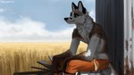 anthro biped blue_eyes bottomwear brown_body brown_fur clothed clothing cloud detailed_background fluffy fur male orange_clothing outside sitting sky solo topless white_body white_fur geewolf portal_(series) valve weighted_companion_cube canid canine fox mammal 16:9 2021 hi_res widescreen