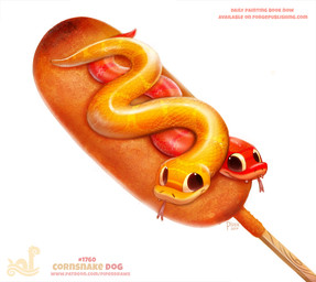 ambiguous_gender black_eyes corndog cute_fangs duo eye_contact fangs feral food forked_tongue humor looking_at_another micro on_food pun red_body red_scales scales smile teeth tongue tongue_out visual_pun yellow_body yellow_scales piper_thibodeau colubrid corn_snake lampropeltini rat_snake reptile scalie snake 2017 digital_media_(artwork) digital_painting_(artwork) painting_(artwork)