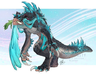 abstract_background ambiguous_gender blue_eyes blue_hair clawed_hands claws feral food hair holding_food holding_leek holding_object holding_onion holding_vegetable horn leek mouth_hold object_in_mouth onion plant solo spikes spikes_(anatomy) standing tail toe_claws vegetable endivinity fallout microsoft vocaloid yamaha_corporation hatsune_miku wasteland_miku deathclaw scalie crossover signature watermark