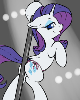 blue_eyes blue_eyeshadow butt clothing cutie_mark dancing eyeshadow female feral fur hair horn looking_at_viewer makeup multicolored_hair panties pole pole_dancing presenting presenting_hindquarters purple_hair smile solo two_tone_hair underwear white_body white_fur fearingfun friendship_is_magic hasbro my_little_pony mythology rarity_(mlp) equid equine mammal mythological_creature mythological_equine unicorn 2014 4:5 digital_media_(artwork) hi_res