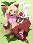 alternative_fashion amekaji anthro beverage big_nose biped blonde_hair blue_eyes blush breasts buckteeth chair clothing coconut coconut_drink collar crop_top drupe_(fruit) duo facial_hair female floppy_ears flower food fruit furniture glistening_eyelids gyaru hair head_on_hand j-fashion larger_anthro larger_female lidded_eyes lop_ears male midriff navel on_chair pawpads plant platform_footwear prison_uniform red_eyes red_nose shirt sitting sitting_on_chair size_difference small_breasts smaller_anthro smaller_male smile stubble teeth toony topwear tropical vines y2k_(fashion) lightsource brandy_and_mr._whiskers disney brandy_harrington mr._whiskers canid canine canis domestic_dog lagomorph leporid mammal rabbit digital_media_(artwork) hi_res