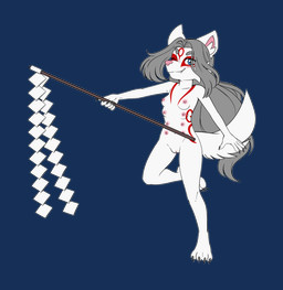 8_breasts 8_nipples anthro belly_nipples biped breasts cheek_tuft claws cute_fangs dancing eyebrows facial_markings facial_tuft fangs female fur genitals grey_hair hair head_markings holding_object humanoid_genitalia humanoid_vulva inner_ear_fluff long_hair looking_at_viewer markings multi_breast multi_nipple nipples nude on_one_leg one_eye_closed pink_nose red_markings small_breasts solo standing teeth toe_claws tuft vulva white_body white_fur wink young young_anthro young_female pucco canid canine canis mammal wolf 2025 alpha_channel hi_res