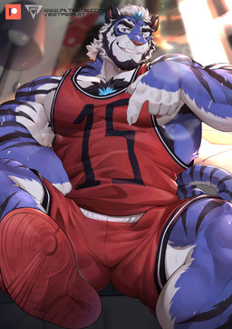 anthro armpit_hair barazoku basketball_jersey basketball_shorts basketball_uniform beard bedroom black_stripes blue_body blue_fur blue_highlights bodily_fluids body_hair chest_tuft clothing facial_hair facial_markings feet footwear fur gesture goatee hair hand_gesture head_markings highlights_(coloring) lamp logo looking_at_viewer male markings muscular muscular_anthro muscular_male muscular_thighs musk musky_armpit nipples number obliques pecs pointing pointing_down shoe_soles shoes sideburns sitting smile sneakers soles solo sportswear stripes sweat text tuft uniform white_body white_fur white_hair estper patreon bluedy_(estper) felid mammal pantherine tiger 2023 absurd_res artist_logo hi_res url