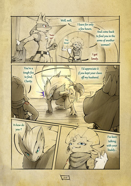 anthro arm_tattoo biped blue_eyes chest_spike claws dialogue eyelashes female female_anthro fur green_eyes group hair inside long_hair male male_anthro page_number red_eyes red_tattoo spikes spikes_(anatomy) tail tattoo text toe_claws trio vial truescorn nintendo pokemon pokemon_mystery_dungeon spike_chunsoft asche_(truescorn) clarity_(truescorn) orchid_(truescorn) generation_4_pokemon generation_5_pokemon lucario pokemon_(species) weavile zoroark 2026 absurd_res colored comic english_text hi_res huge_filesize