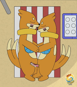 anthro arm_fin beach beach_towel black_nose blush bodily_fluids cooler cum dipstick_tail duo female female_penetrated feral fin flotation_sac forked_tail fur genital_fluids genitals hand_holding internal internal_vaginal male male/female male_penetrating male_penetrating_female markings open_mouth orange_body orange_fur outside penetration penis sand sex shadow spots tail tail_markings tapering_penis towel unusual_anatomy unusual_tail vaginal vaginal_penetration vulva anonymous_artist nintendo pokemon buizel generation_4_pokemon mammal pokemon_(species) digital_media_(artwork)