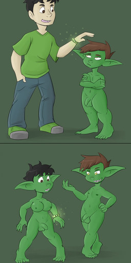 balls before_and_after breast_growth breasts duo gender_transformation genitals green_body growth gynomorph human_to_humanoid humanoid_pointy_ears intersex male mtg_transformation mti_transformation nipples not_furry nude penis pointy_ears sharp_teeth short_stackification shortstack shrinking size_difference size_transformation smile species_transformation teeth transformation mr-haitch goblin human humanoid mammal 2019 hi_res