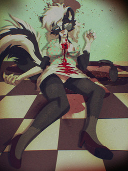 anthro areola areola_slip blood blood_puddle bodily_fluids bottomwear breasts bullet_wound clothed clothing corpse death eyewear female female_death footwear fur genitals glasses gore hair heartshot high_heels no_underwear shirt shoes skirt snuff solo tail topwear vulva wearing_glasses frostbite80 mammal mephitid skunk 3:4 absurd_res digital_media_(artwork) hi_res