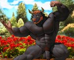 2021 abs absurd_res anthro balls beard biceps big_muscles black_body bovid bovine brown_hair cattle day detailed_background episode0006 facial_hair flaccid flexing flower foreskin genitals hair hi_res horn humanoid_genitalia humanoid_penis male mammal muscular muscular_anthro muscular_male navel nipples nude obliques outside pecs penis plant pubes quads smile solo standing tomas_(rodrigojacobos) tree