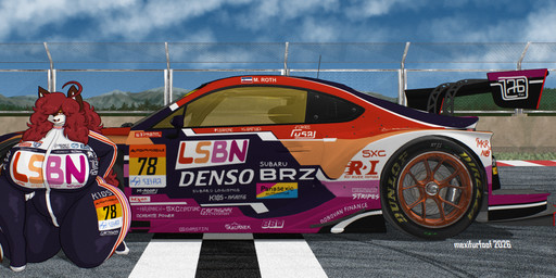 ahoge anthro big_breasts breasts car clothed clothing curvy_figure detailed_background female fur hair huge_breasts huge_hips huge_thighs lesbian_pride_colors lgbt_pride livery long_hair looking_at_viewer orange_lesbian_pride_colors outside overweight overweight_anthro overweight_female pride_colors race_car racetrack racing_suit red_eyes red_hair smile solo tail text thick_thighs vehicle voluptuous wide_hips mexifurfoof subaru subaru_brz maple_(mexifurfoof) canid canine fox mammal digital_drawing_(artwork) digital_media_(artwork) english_text hi_res