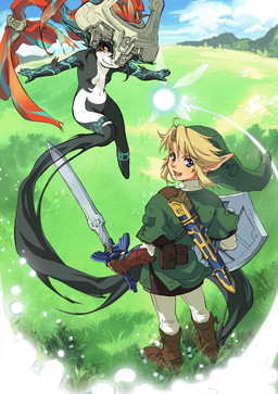 armor breasts clothing darkness dissolving duo_focus featureless_breasts female field fisheye_lens fused_shadow grass group hat headgear headwear helmet high-angle_view humanoid_pointy_ears hylian_shield male master_sword melee_weapon midair not_furry outside plant pointy_ears shield small_breasts sword weapon donguri_noziro noshiro_masaru nintendo ocarina_of_time the_legend_of_zelda twilight_princess link midna navi fairy humanoid hylian twili digital_media_(artwork) lol_comments