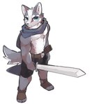 anthro biceps blue_eyes bottomwear clothing fur grey_body grey_fur hair male melee_weapon multicolored_body multicolored_fur muscular muscular_male pecs scarf shirtless_male shorts simple_background solo standing sword two_tone_body two_tone_fur weapon white_background bl_s21 canid canine canis mammal wolf hi_res